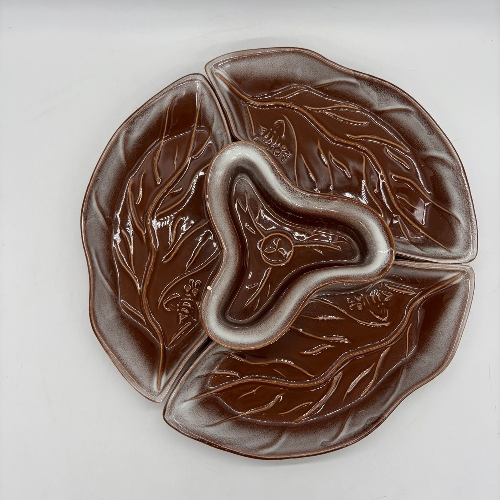 Vtg Rio Grande Ware Dallas Relish Tray 4 Piece Set Brown & White Leaves & Bees
